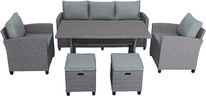 Outdoor Rattan Sectional Sofa with Dining Table, Chairs and Stools for Garden Backyard, 6-Piece Patio Furniture Set All-Weather Wicker Conversation Couch, Onesize, Gray