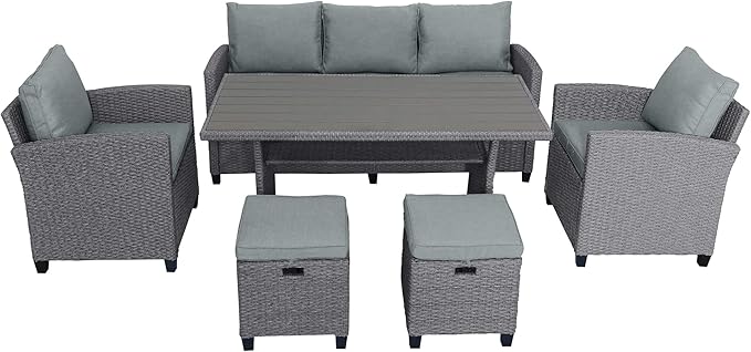 6 7 Pieces Patio Furniture Outdoor Sectional Sofa Conversation Set All Weather Wicker Rattan Couch Dining Table & Chair with Ottoman, Cc-Grey
