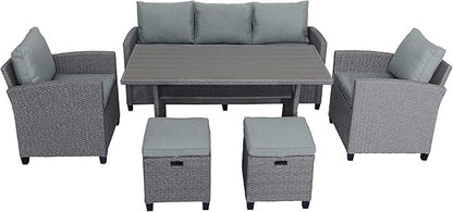 6 7 Pieces Patio Furniture Outdoor Sectional Sofa Conversation Set All Weather Wicker Rattan Couch Dining Table & Chair with Ottoman, Cc-Grey