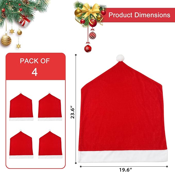 Christmas Chair Covers Set of 4,Red and White Santa Claus Hat Chair Back Covers for Xmas Holiday Festival Indoor Kitchen Bar Counter Stools Decorations Dining Room Table Decor