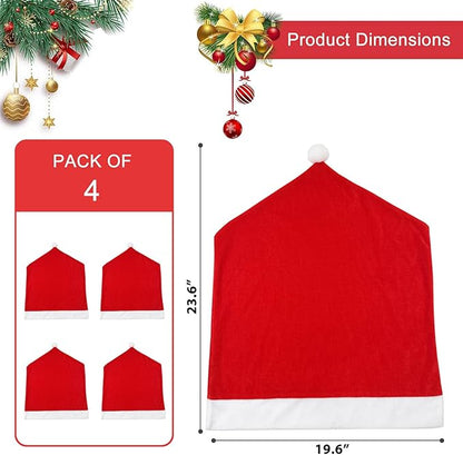 Christmas Chair Covers Set of 4,Red and White Santa Claus Hat Chair Back Covers for Xmas Holiday Festival Indoor Kitchen Bar Counter Stools Decorations Dining Room Table Decor
