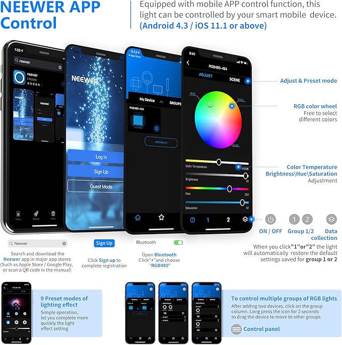 NEEWER 2 Packs 480 RGB Led Light with APP Control, Photography Video Lighting Kit with Stands and Bag, 480 SMD LEDs CRI95/3200K-5600K/Brightness 0-100%/0-360 Adjustable Colors/9 Applicable Scenes