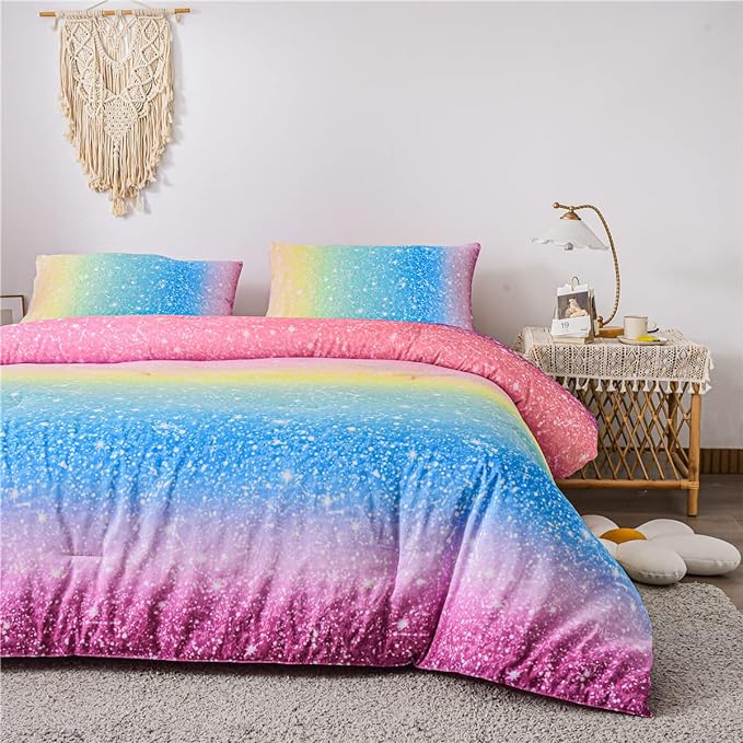 Holawakaka Kids Space Star Glitter Comforter Set Ombre Multi-color Print Gradient Bedding Set Full Size (Multi-color, Full)