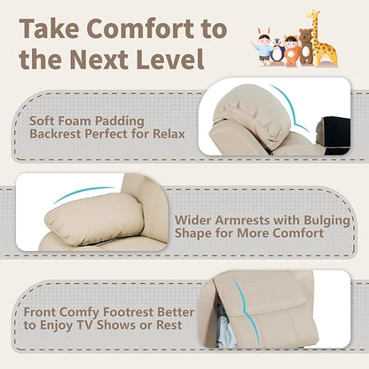 JC Home MACARON Kids Chair Leather Recliner Sofa Toddler Youth Children Child Ages 3-7, Cream