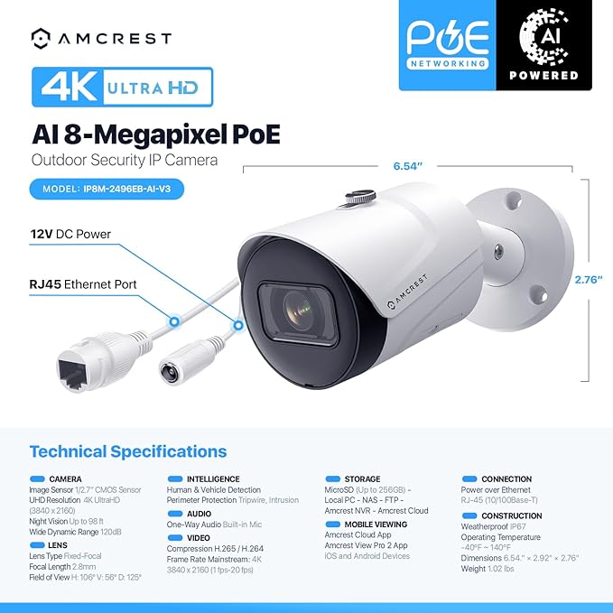 Amcrest 4K (8MP) IP POE Camera, UltraHD Outdoor Bullet, 3840x2160, 98ft NightVision, 125° FOV, IP67, MicroSD (256GB), Human & Vehicle Detection, Tripwire & Intrusion, (IP8M-2496EW-AI-V3)