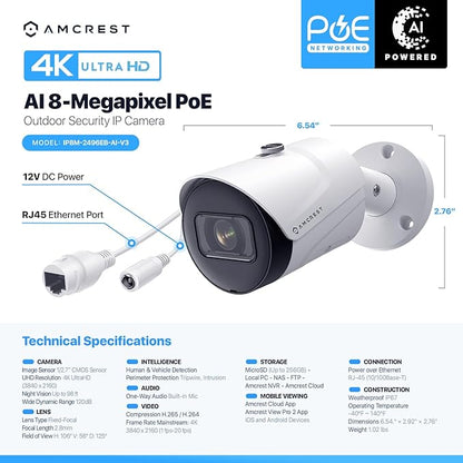 Amcrest 4K (8MP) IP POE Camera, UltraHD Outdoor Bullet, 3840x2160, 98ft NightVision, 125° FOV, IP67, MicroSD (256GB), Human & Vehicle Detection, Tripwire & Intrusion, (IP8M-2496EW-AI-V3)