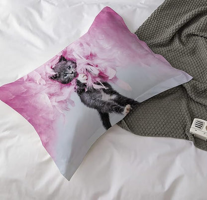 Cat Comforter Set Queen Size for Kids Pink Feathers Black Cat 3Pcs Bedding Set for boys and Girls (1Summer Comforter+ 2 Pillowcases) Lovely Animal Pets Duvet Set