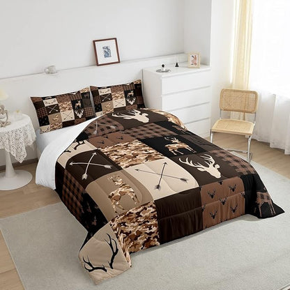 Kids Deer Antlers Animal Comforter Set King Size,Brown Camo Xmas Bedding Set,Girls Boys Adults Bedroom/Cabin Decor,Plaid Patchwork Vintage Down Comforter,Arrows Tribal Duvet Insert,3pcs,2 Pillowcases