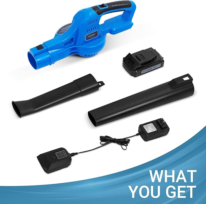 20V Cordless Leaf Blower with Battery and Charger, Leaf Blower Battery Operated, Rechargeable Electric Handheld Leaf Blowers Variable Speed with 2 Tubes for Patio, Leaves Blowing-Blue
