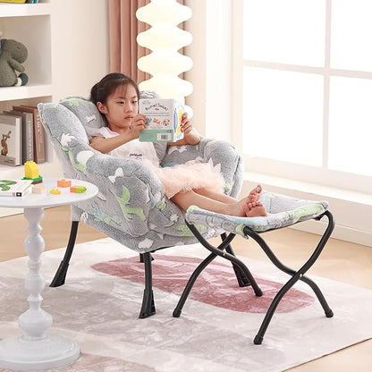 Welnow Toddler Kids Lazy Chair with Ottoman, Glow in The Dark Accent Comfy Lounge Children Armchair Couch with Removable Cover, Detachable Reading Chair with Footrest for Boy or Girl, Grey Dinosaur
