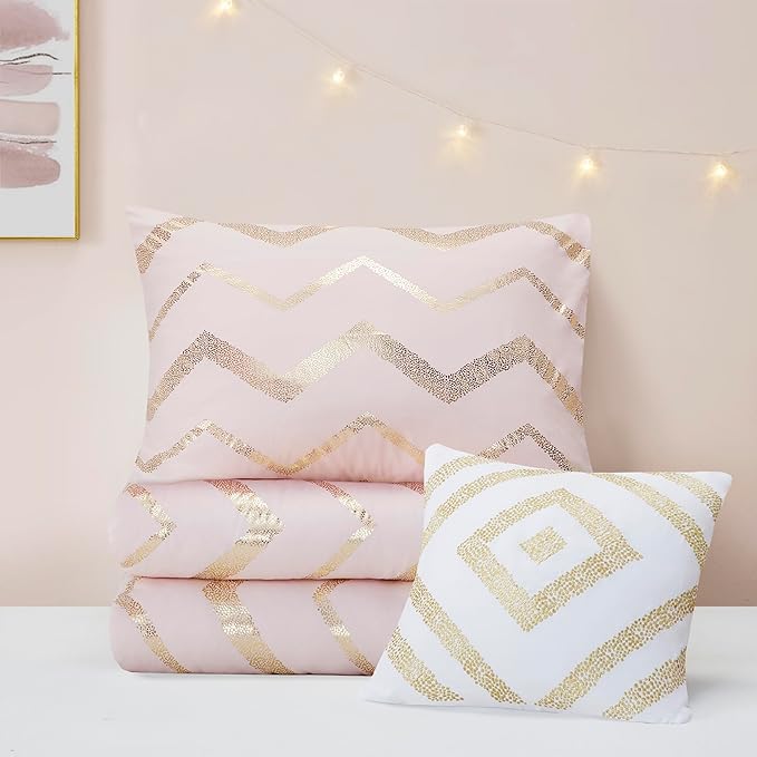 Codi Twin Comforter Set for Girls - Cute Pink Bedding Sets for Twin Size Bed - 3 Piece Set for Teen Girl - includes 1 Rose Gold Comforter, 1 Decorative Pillow, 2 Pillow Cases - All Seasons Warm