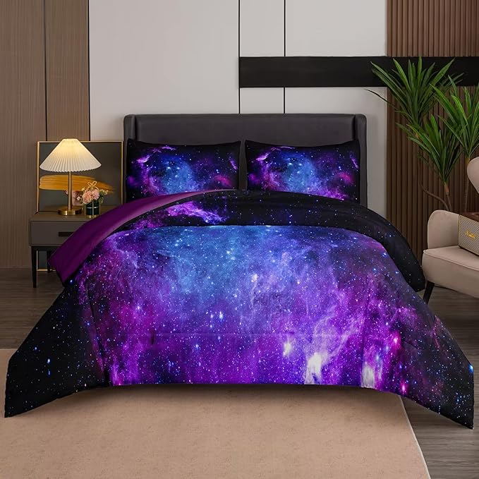 NINENINE Galaxy Bedding 5PCS Full Size Comforter Sets for Girls Space Bedding Set Girls Comforter Sets Full Purple Bedding Sets(1Comforter, 1Flat Sheet, 1Fitted Sheet, 2Pillowcases)…