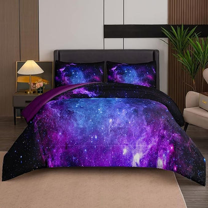 NINENINE Galaxy Bedding 5PCS Full Size Comforter Sets for Girls Space Bedding Set Girls Comforter Sets Full Purple Bedding Sets(1Comforter, 1Flat Sheet, 1Fitted Sheet, 2Pillowcases)…