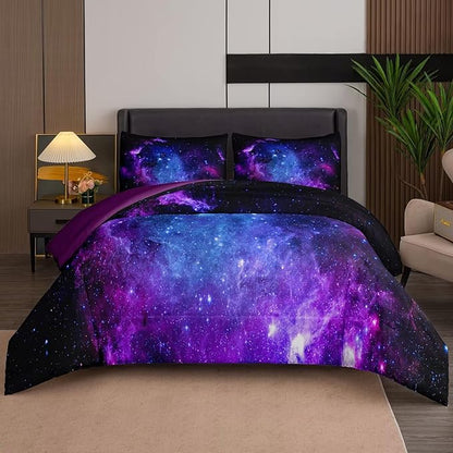 NINENINE Galaxy Bedding 5PCS Twin Size Comforter Sets for Girls Purple Bedding Set Bed in a Bag Space Bedding Set(1Comforter, 1Flat Sheet, 1Fitted Sheet, 2Pillowcases)…