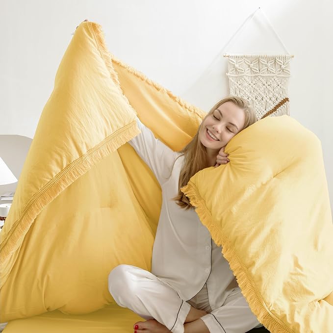 Andency Yellow Tassel Comforter Set Queen(90x90Inch), 3 Pieces(1 boho Comforter, 2 Pillowcases) Farmhouse Shabby Chic Comforter Set, Soft Microfiber Lightweight Fringe Bedding Comforter Set