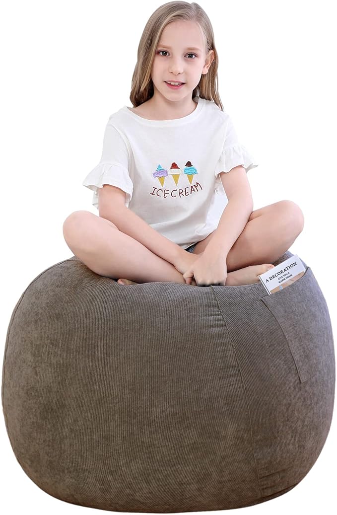 Stuffed Animal Storage Bean Bag Chair Cover (No Filler) for Kids .Soft Premium Corduroy Stuffable Beanbag for Organizing Children Plush Toys or Memory Foam Small 100L (Warm Grey)