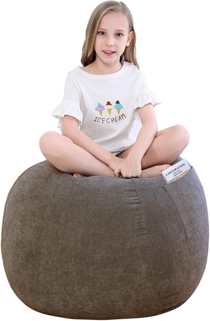 Stuffed Animal Storage Bean Bag Chair Cover (No Filler) for Kids .Soft Premium Corduroy Stuffable Beanbag for Organizing Children Plush Toys or Memory Foam Small 100L (Warm Grey)