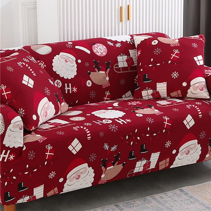 Mybedsoul Christmas Sofa Cover Santa Claus Printed Sofa Couch Cover Washable Furniture Protector with Elastic Bottom Xmas Home Room Festival Decoration(3 Seater)