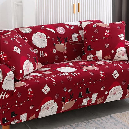 Mybedsoul Christmas Sofa Cover Santa Claus Printed Sofa Couch Cover Washable Furniture Protector with Elastic Bottom Xmas Home Room Festival Decoration(2 Seater/Loveseat)