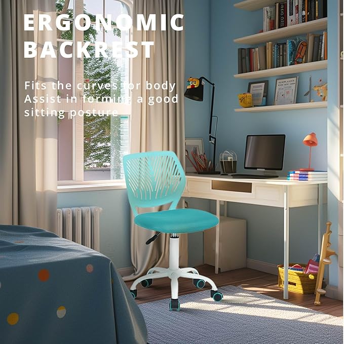 FurnitureR Writing Task Chair 360 Swivel,Low Mid PP Mesh Back Fabric Seat, Height Adjustable, Rolling Castor,W15.7”xD15.2”x H29.5-34.2",Turquoise