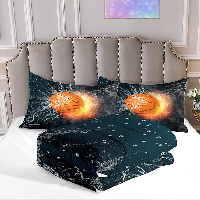 Basketball Comforter Set Full Size, Sports Basketball Bedding Boys Comforter Sets for Bedroom Fire Ice Basketball Theme Room Decor for Teen Boys, 1 Comforter 2 Pillowcase