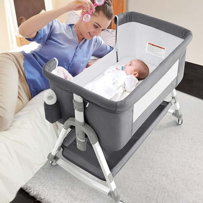 4 in 1 Baby Bassinet,Easy Folding Portable Bedside Crib with Comfy Mattress and Wheels,Height Adjustable Bassinet with Mosquito net Included,Grey