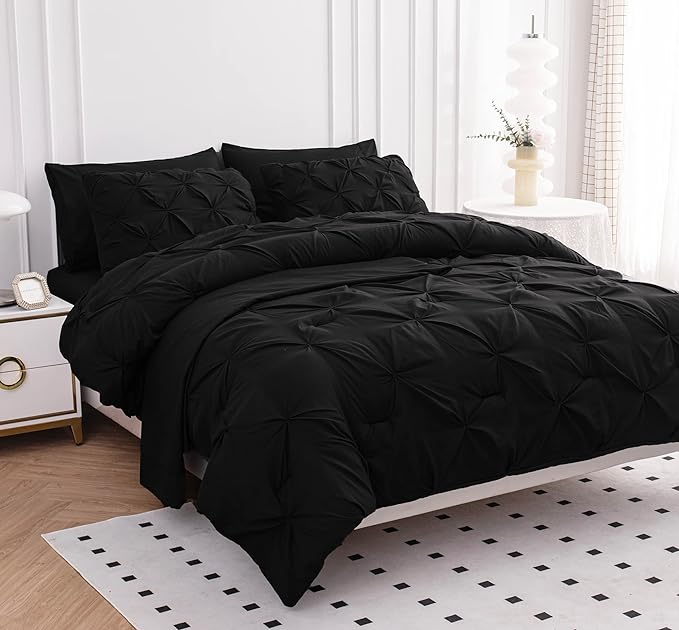 LANE LINEN California King Comforter Set, 7 Piece Cal King Bed in a Bag, Pintuck Cal King Bedding Set, Soft Cali King Bed Set, Cal King Bedding Comforter Sets with Sheets, Pillowcases & Shams - Black