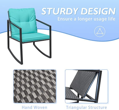 Greesum 3 Pieces Rocking Wicker Bistro Set, Patio Outdoor Furniture Conversation Sets with Porch Chairs and Glass Coffee Table, Blue
