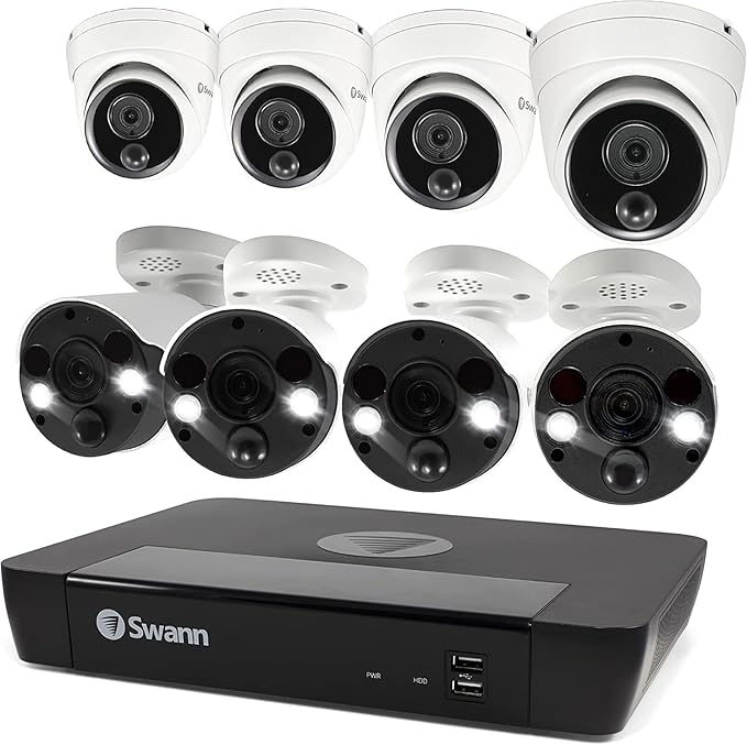 Swann Home Security Camera System with 2TB HDD, 8 Channel 8 Cam, POE Cat5e NVR 4K HD Video, Indoor or Outdoor Wired Surveillance CCTV, Color Night Vision, Heat Motion Detection, Dome Cams, 886808FB