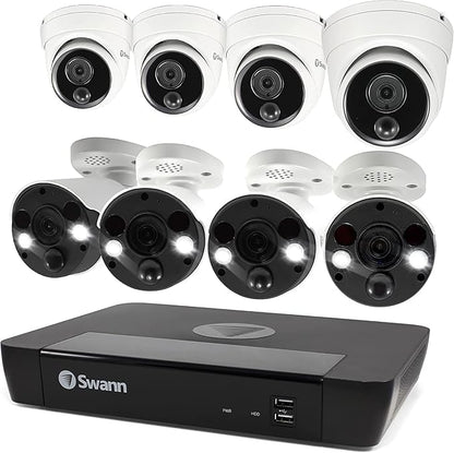 Swann Home Security Camera System with 2TB HDD, 8 Channel 8 Cam, POE Cat5e NVR 4K HD Video, Indoor or Outdoor Wired Surveillance CCTV, Color Night Vision, Heat Motion Detection, Dome Cams, 886808FB