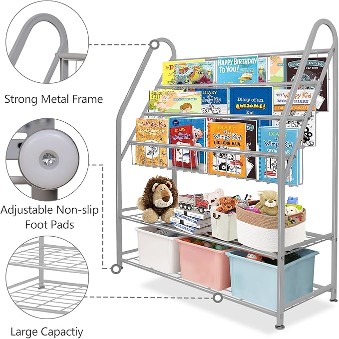 aboxoo Metal Kids Bookshelf Grey Bookcase LargeFreestanding for Children Room 32 in Toy Organizer Large Stable Bookcase Bookstore Library Book Unit Storage Kids Bed Living Room
