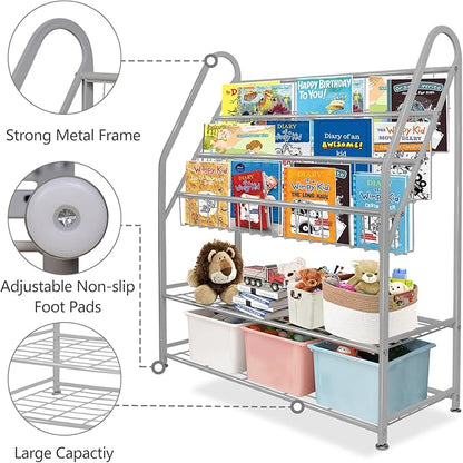 aboxoo Metal Kids Bookshelf Grey Bookcase LargeFreestanding for Children Room 32 in Toy Organizer Large Stable Bookcase Bookstore Library Book Unit Storage Kids Bed Living Room
