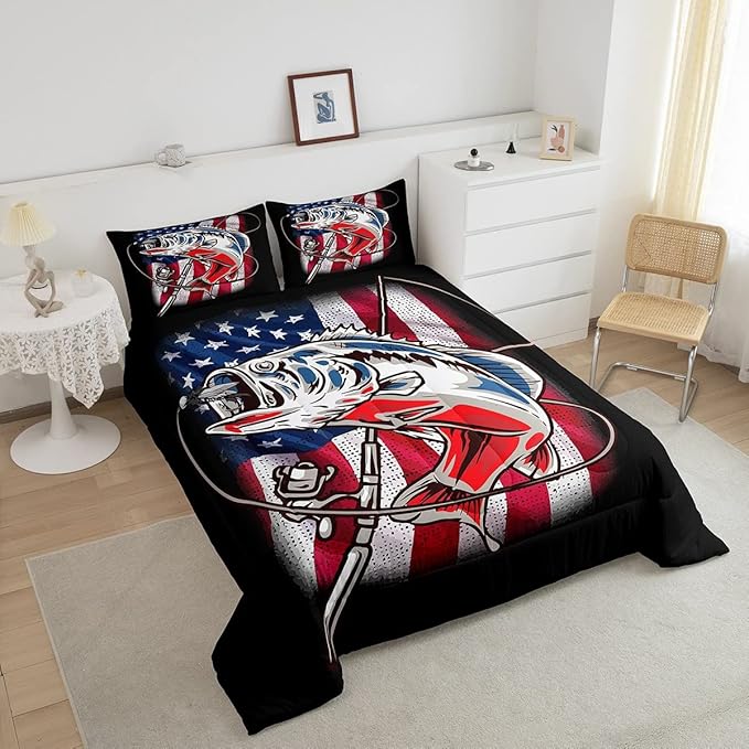 American Flag Comforter Set Farmhouse Fishing Bedding Set for Kids Boys Girls Teens Room Wild Fish Decor Comforter Red Blue Stripe Quilted Set 2Pcs Twin Size