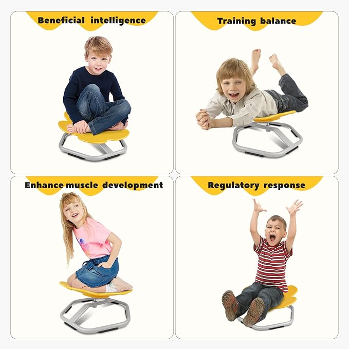 Sensory Toys Kids Swivel Chair, Autism Kids Swivel Chair, Petal Sit and Spin Seat Balance Chair Indoor for Child Age 3+, Regulating Toddler’s Body Balance, Metal Base Non-Slip Yellow