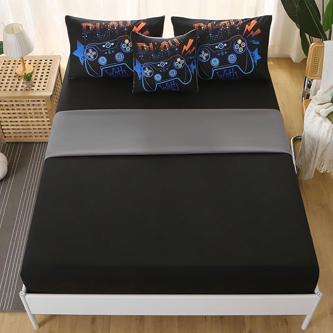 6Pcs Game Console Comforter Set with Sheets for Boys Girls Kids Teens, Geometric Gaming Themed Bed in A Bag Twin Size, 3D Video Gamer Controller Bedroom Decor Bedding Set(Blue)