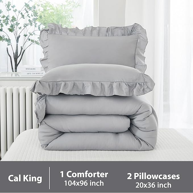 Andency Silver Gray Comforter Set California King Size, 3 Pieces Vintage Shabby Ruffle Bedding Comforter Sets for Cal King Bed, Lightweight Fluffy Soft Microfiber Farmhouse Comforter Set