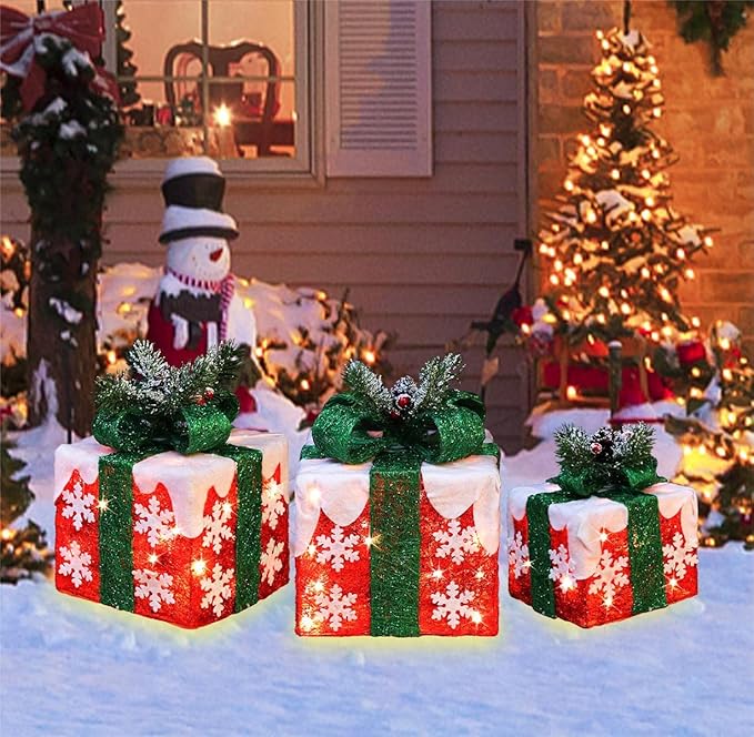 [Large 10"x8.5"x6.5" Christmas Set of 3 Lighted Gift Boxes Decorations Pre-lit 70 Super-Bright LED with Flashers,for Indoor Outdoor Christmas Tree Skirt Ornament Pathway Holiday Party Home