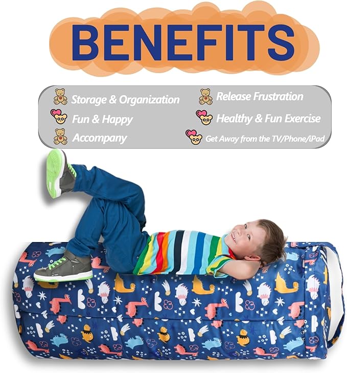 Dinosaur Stuffed Animal Storage Bean Bag Cover for Kids - Organize, Sit, Play & Box Help Promote Comfort and Relaxation - Perfect Playroom & Bedroom Plush Toys Beanbag, Cylinder, Best Gift for Kids