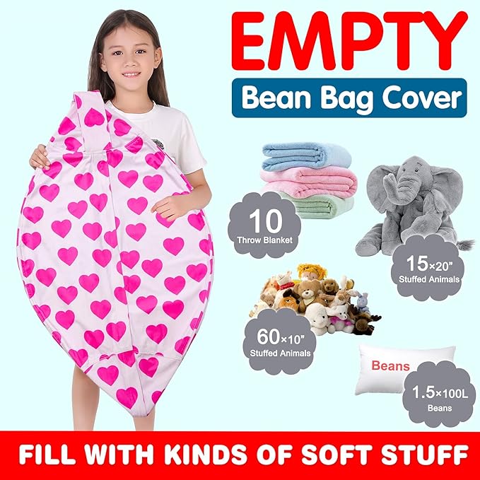 Lukeight Stuffed Animal Storage Bean Bag Chair Cover for Kids, Zipper Beanbag Chair Cover for Organizing Toddler & Kids' Rooms Plush Toys (Heart Velvet, Large)