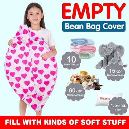Lukeight Stuffed Animal Storage Bean Bag Chair Cover for Kids, Zipper Beanbag Chair Cover for Organizing Toddler & Kids' Rooms Plush Toys (Heart Velvet, Large)