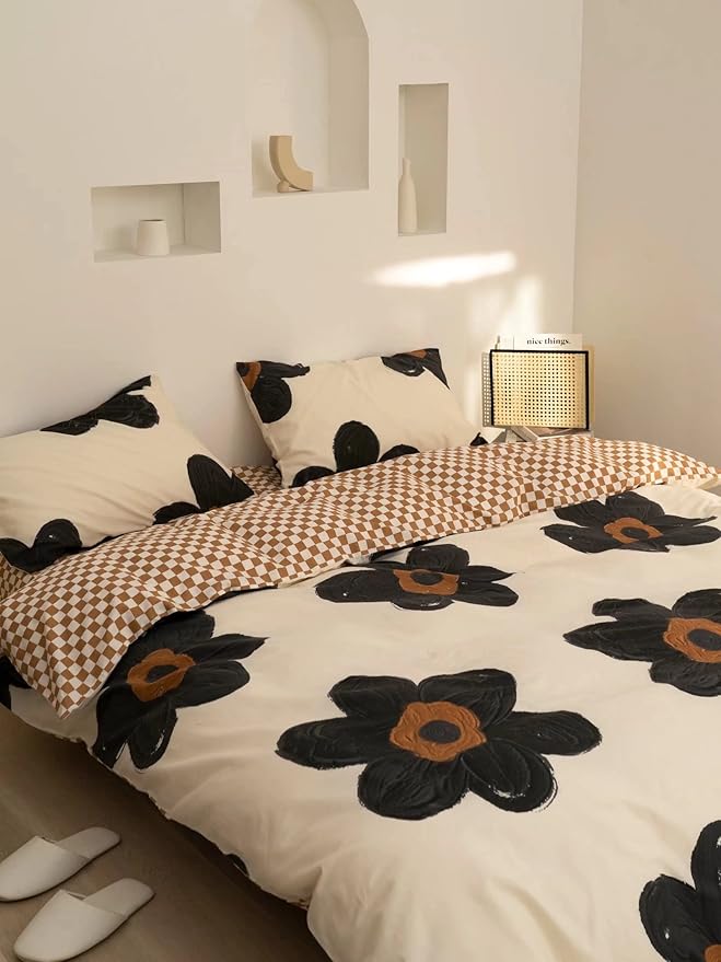 Black Floral Comforter Set Black and White Bedding Queen Comforter Set Flowers Cotton Women Modern Elegant Chic Quilts Blankets Lightweight Black Flower Reversible Bed Comforter Set