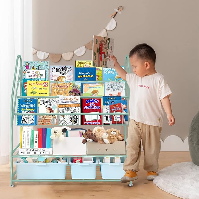 aboxoo Metal Kids Bookshelf Green Freestanding for Children Room 32 in Toy Organizer Book Unit Storage Large Green Stable Bookcase Bookstore Living Room Bed Room Library