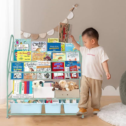 aboxoo Metal Kids Bookshelf Green Freestanding for Children Room 32 in Toy Organizer Book Unit Storage Large Green Stable Bookcase Bookstore Living Room Bed Room Library