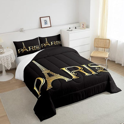 Erosebridal Eiffel Tower Comforter Set, City Building of Paris Bedding Set Twin Size, Gold Black Duvet Sets for Kids Boys Girls Teens Bedroom, Soft Microfiber Bedding Comforters with 1 Pillow Case