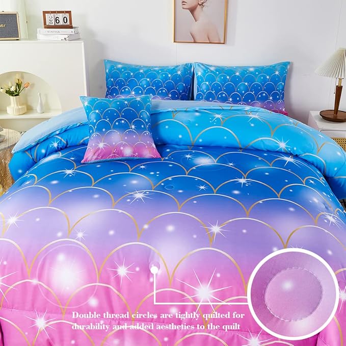 URBONUR 6 Pcs Mermaid Comforter Set Twin Size Gradient Pink and Blue Twin Bedding Sets for Girls/Kids/Teen, Colorful Glitter Printed Bed in a Bag Comforter with Sheet Set