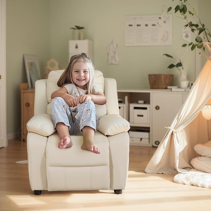 JC Home MACARON Kids Chair Leather Recliner Sofa Toddler Youth Children Child Ages 3-7, Cream