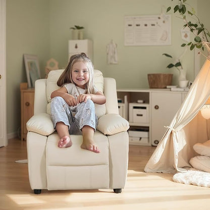 JC Home MACARON Kids Chair Leather Recliner Sofa Toddler Youth Children Child Ages 3-7, Cream