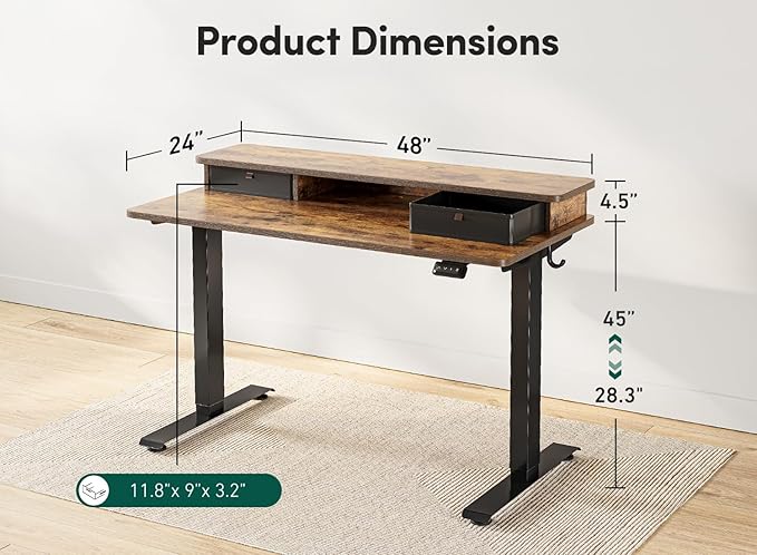 FEZIBO 48 x 24 Inch Height Adjustable Electric Standing Desk with Double Drawer, Stand Up Desk with Storage Shelf, Sit Stand Desk, Rustic Brown