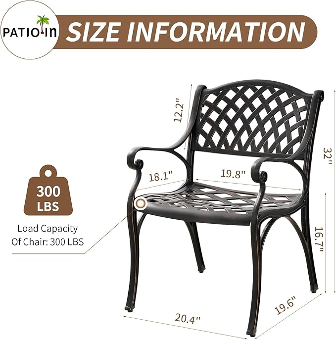 Cast Aluminum Patio Dining Set, Outdoor Bistro Set, 31.5" Round Patio Table with Umbrella Hole, 2 Patio Chairs for Yard Porch Garden Balcony