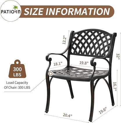Cast Aluminum Patio Dining Set, Outdoor Bistro Set, 31.5" Round Patio Table with Umbrella Hole, 2 Patio Chairs for Yard Porch Garden Balcony